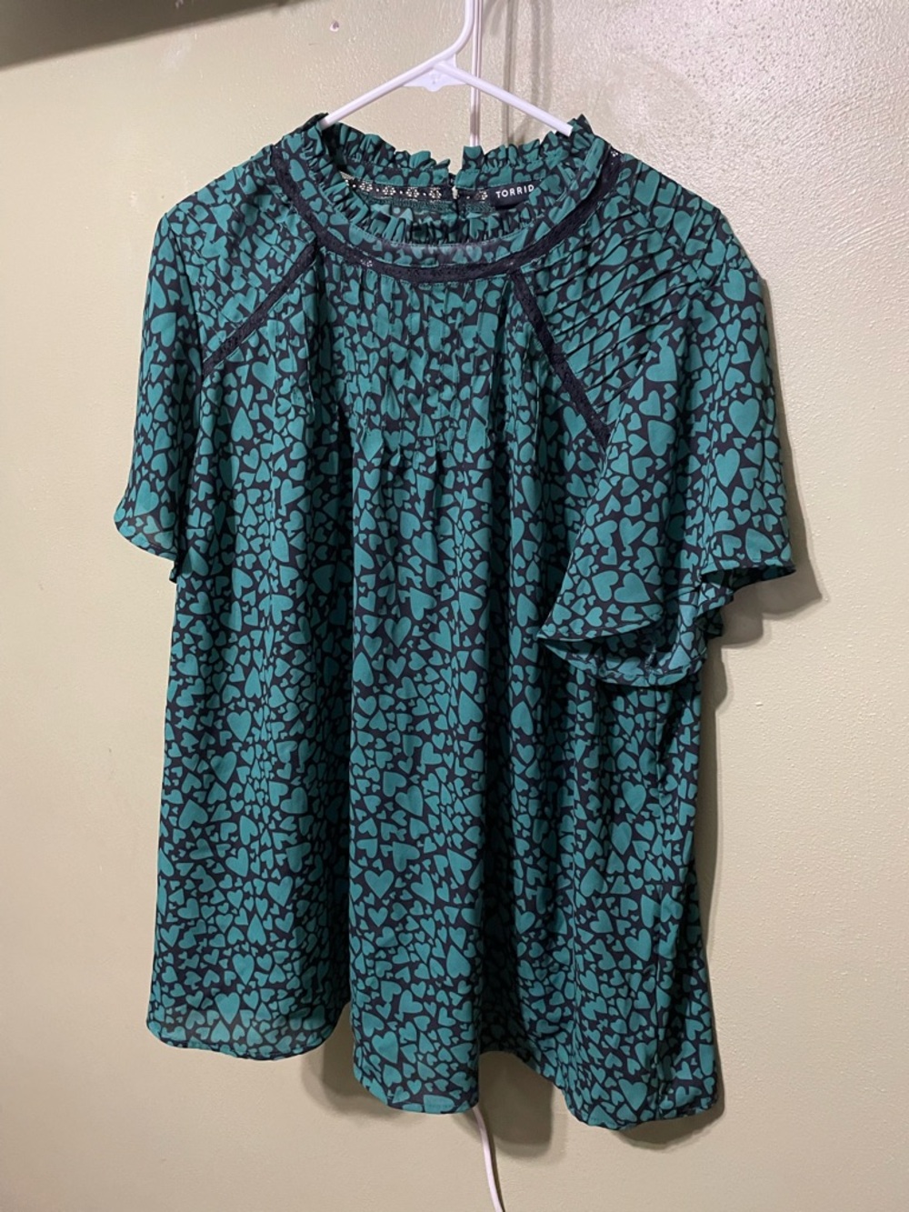 torrid Teal Heart-Print Ruffle Mock Neck Blouse